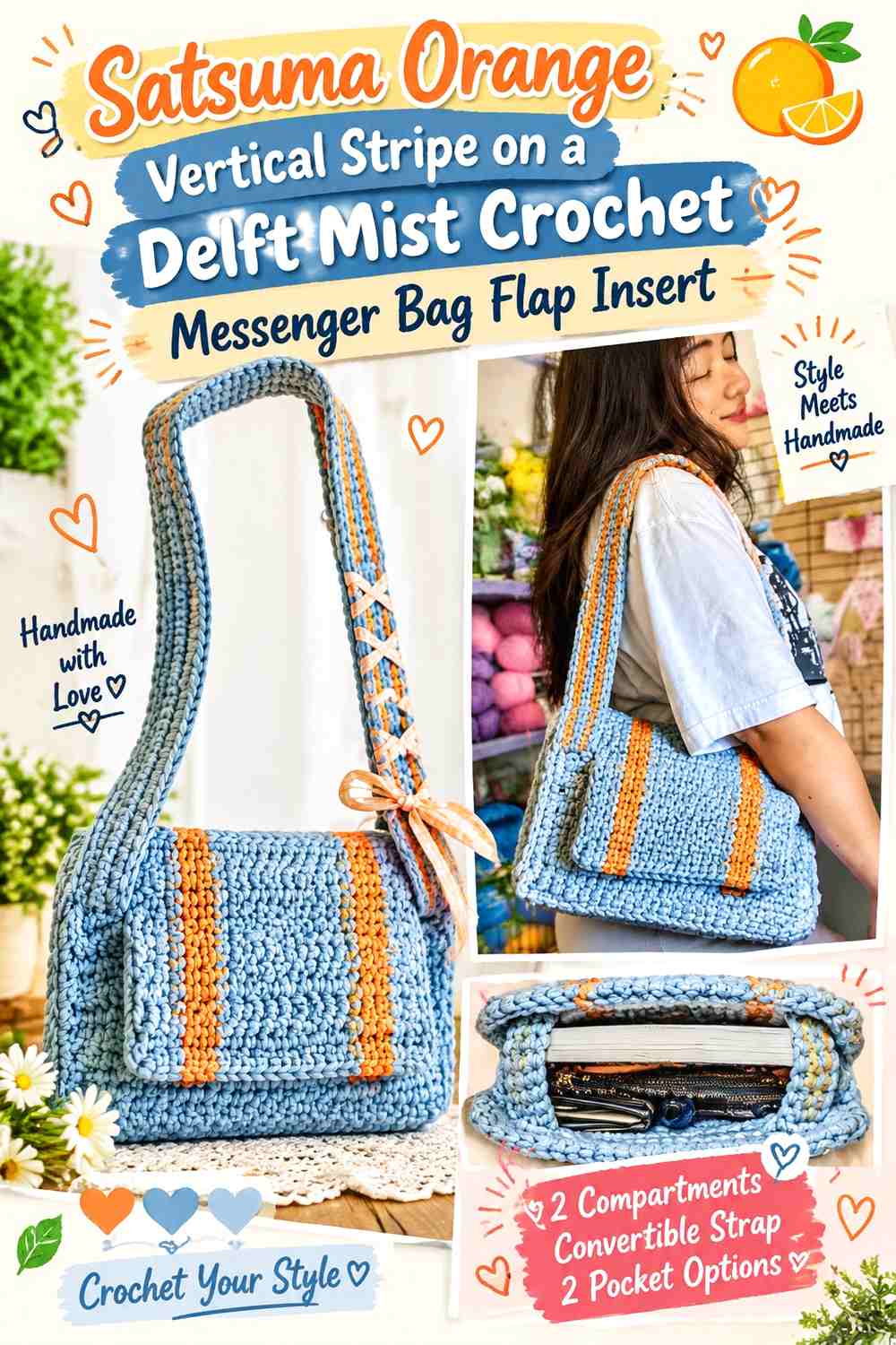 Satsuma Orange Vertical Stripe on a Delft Mist Crochet Messenger Bag Flap Insert