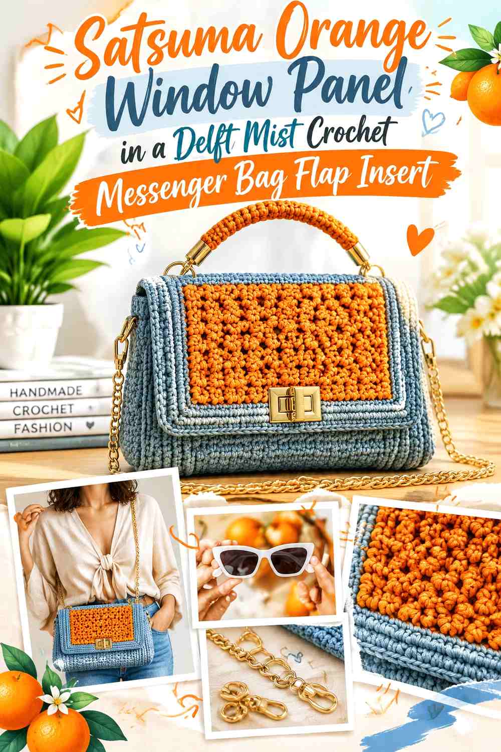 Satsuma Orange Window Panel in a Delft Mist Crochet Messenger Bag Flap Insert