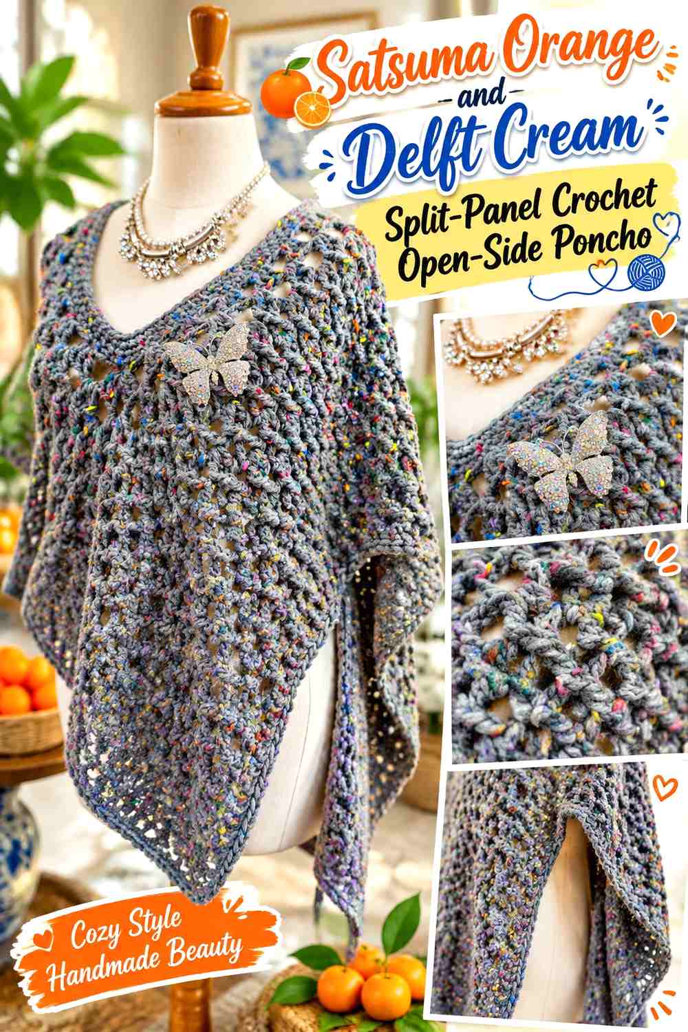 Satsuma Orange and Delft Cream Split-Panel Crochet Open-Side Poncho