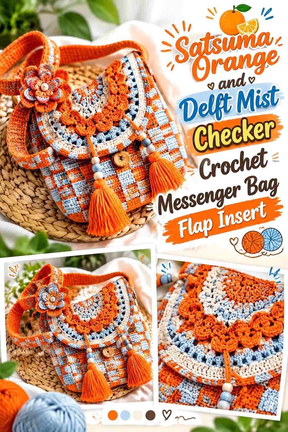 Satsuma Orange and Delft Mist Checker Crochet Messenger Bag Flap Insert