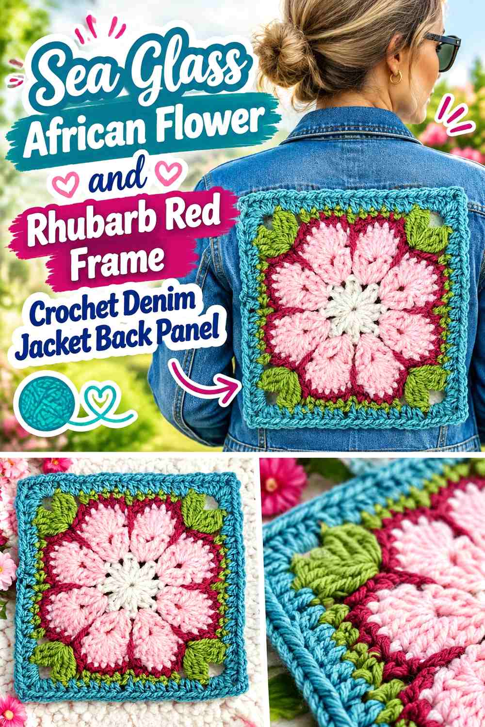 Sea Glass African Flower and Rhubarb Red Frame Crochet Denim Jacket Back Panel