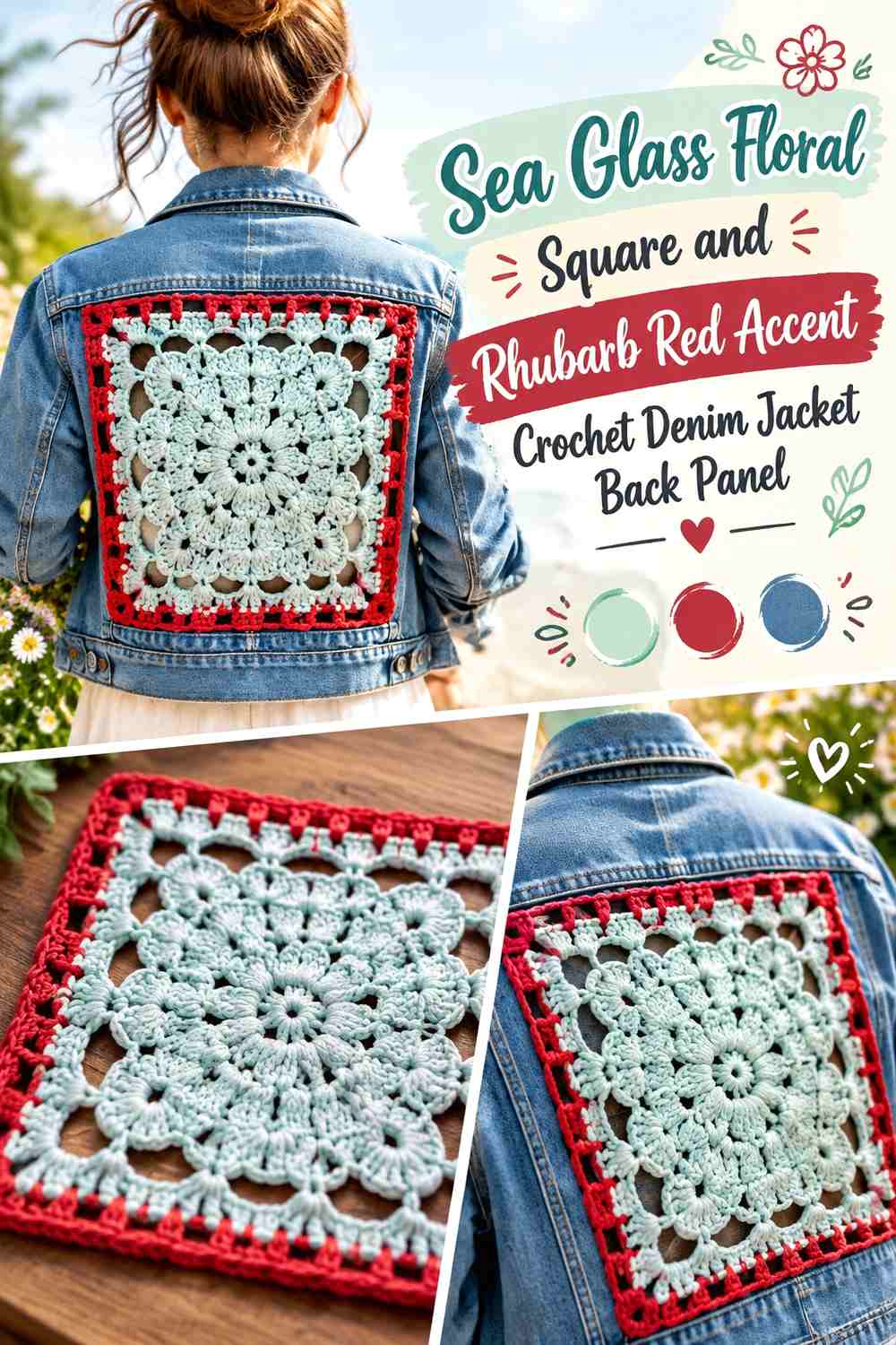 Sea Glass Floral Square and Rhubarb Red Accent Crochet Denim Jacket Back Panel