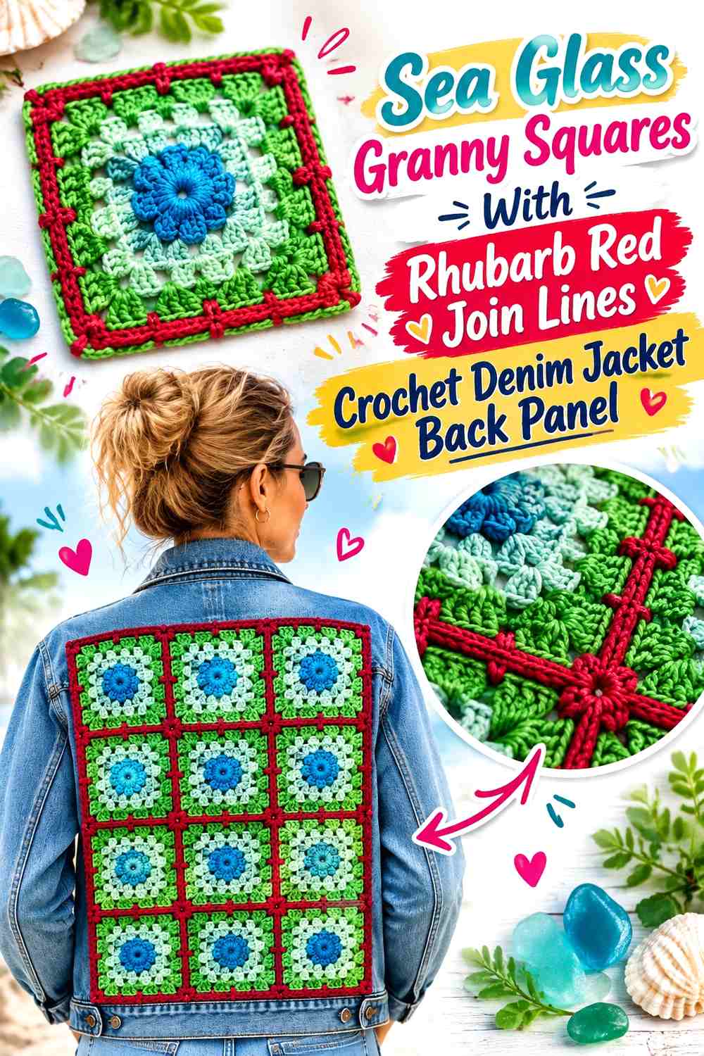 Sea Glass Granny Squares With Rhubarb Red Join Lines Crochet Denim Jacket Back Panel