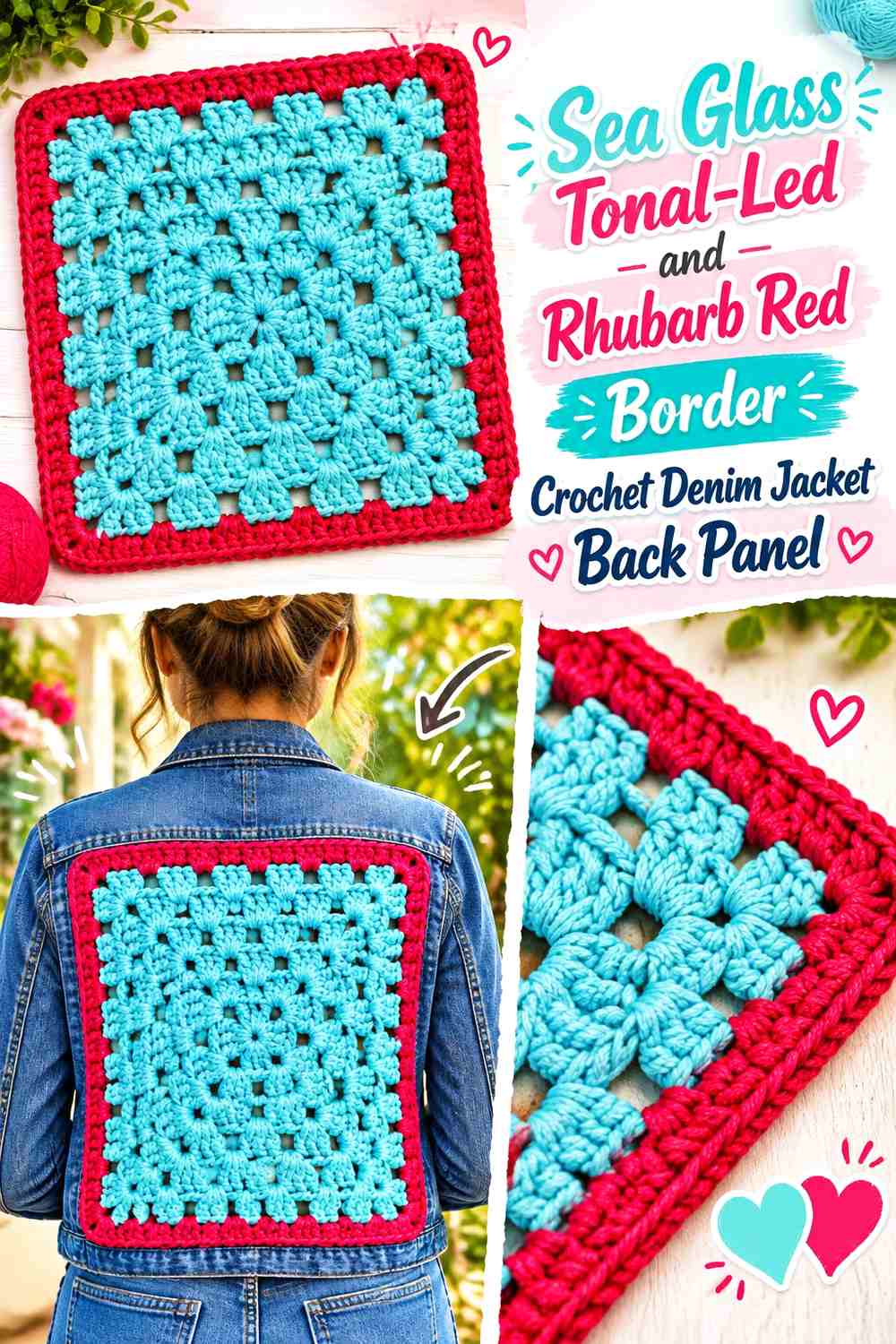 Sea Glass Tonal-Led and Rhubarb Red Border Crochet Denim Jacket Back Panel