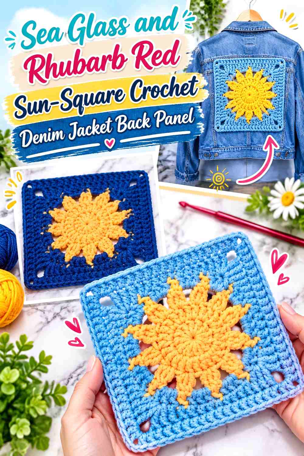 Sea Glass and Rhubarb Red Sun-Square Crochet Denim Jacket Back Panel