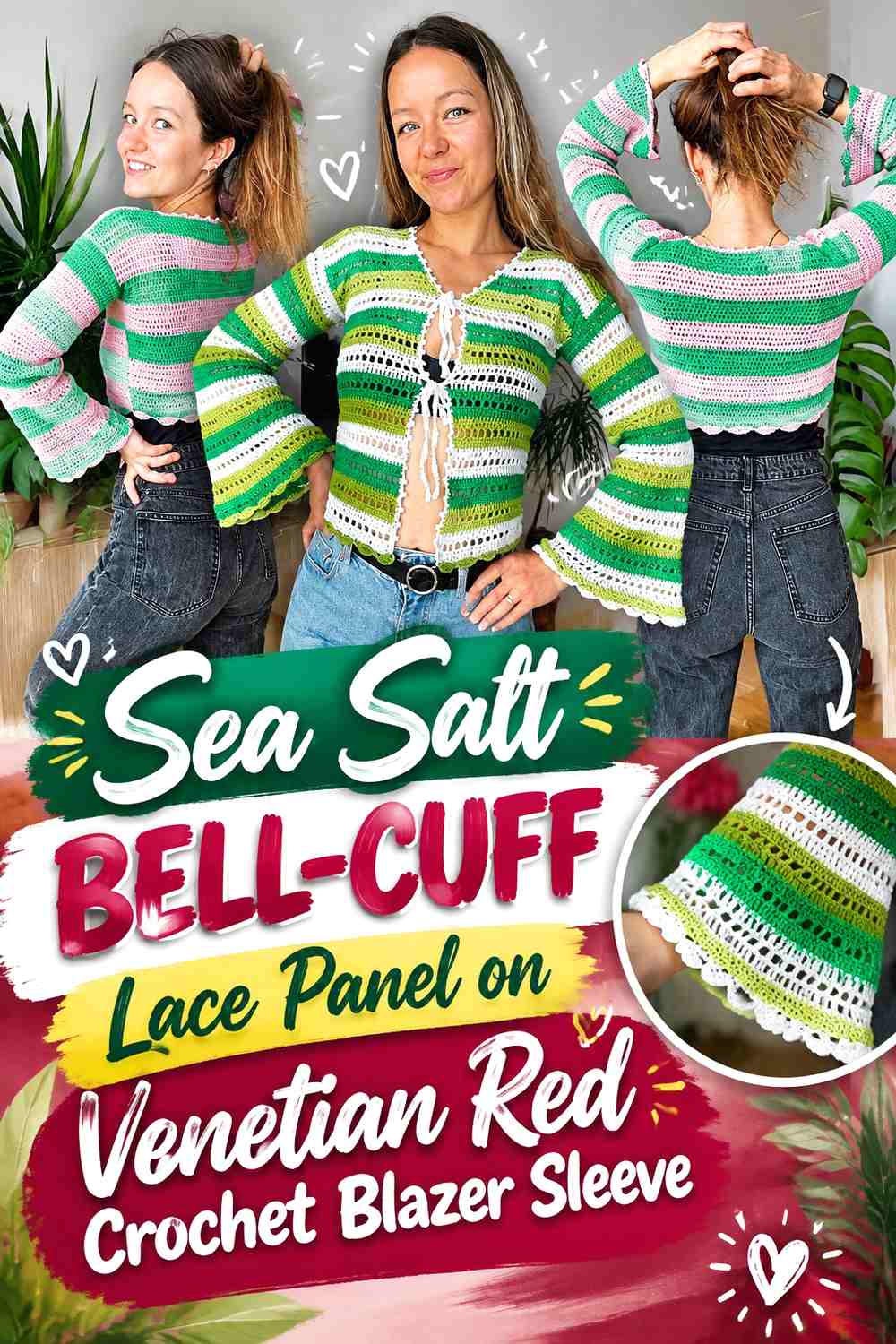 Sea Salt Bell-Cuff Lace Panel on Venetian Red Crochet Blazer Sleeve
