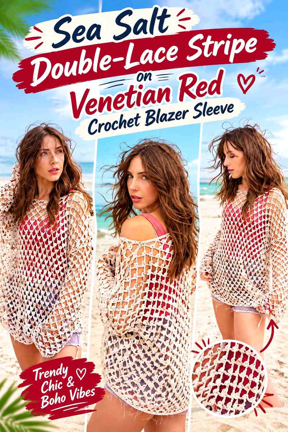 Sea Salt Double-Lace Stripe on Venetian Red Crochet Blazer Sleeve