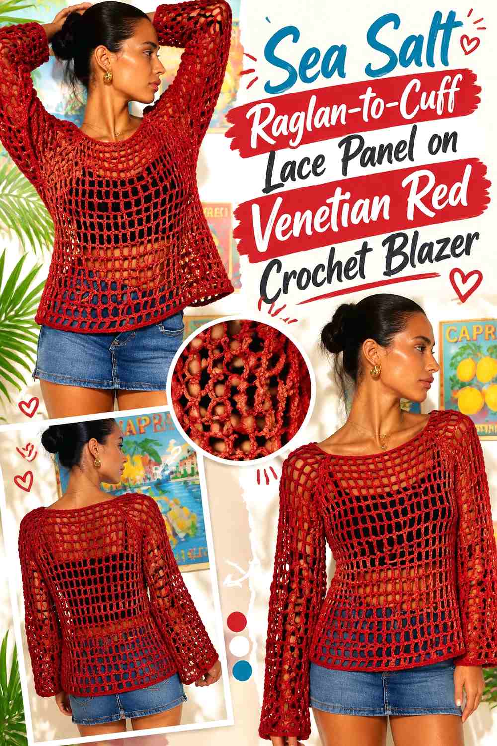 Sea Salt Raglan-to-Cuff Lace Panel on Venetian Red Crochet Blazer