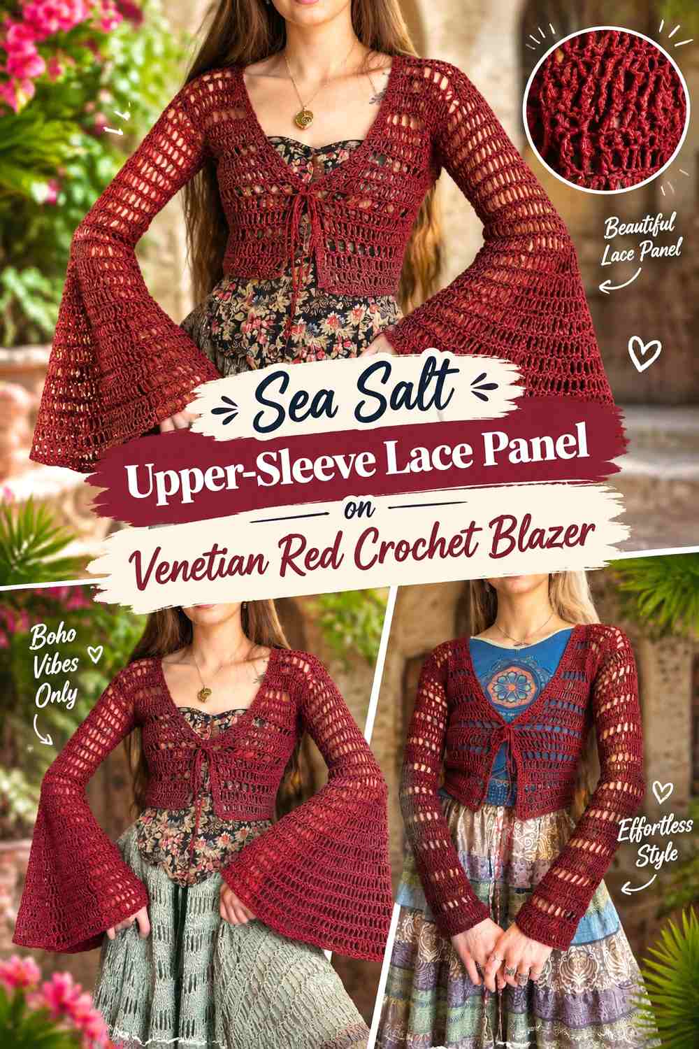 Sea Salt Upper-Sleeve Lace Panel on Venetian Red Crochet Blazer