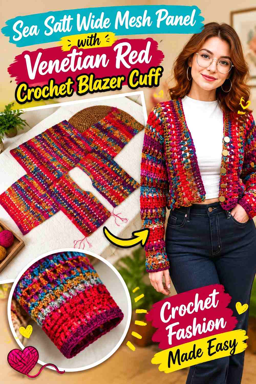 Sea Salt Wide Mesh Panel with Venetian Red Crochet Blazer Cuff