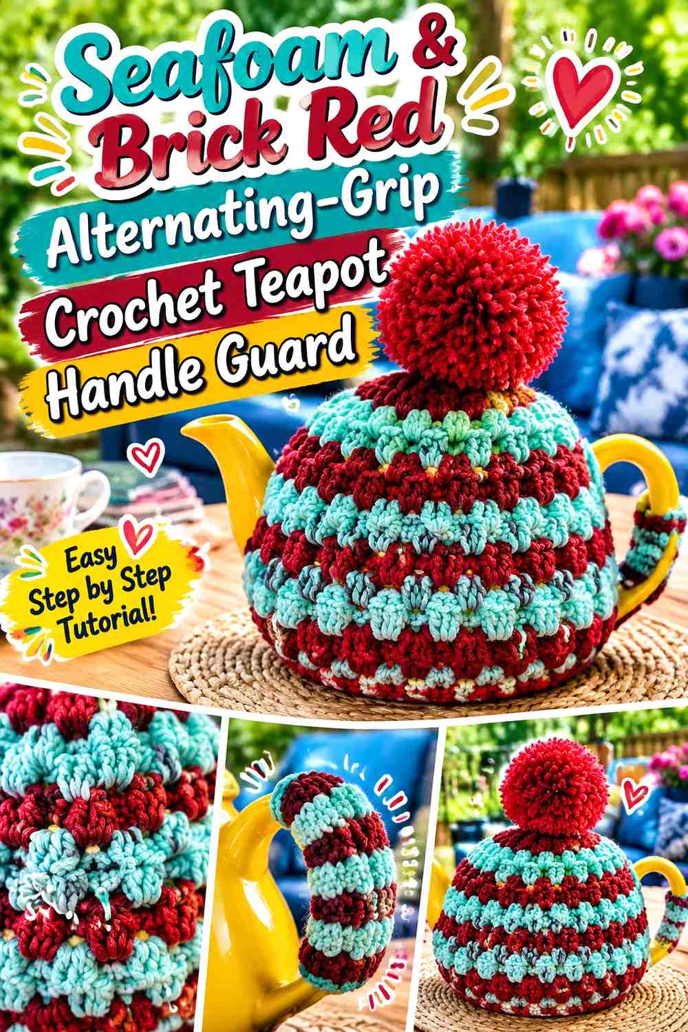 Seafoam & Brick Red Alternating Grip Crochet Teapot Handle Guard