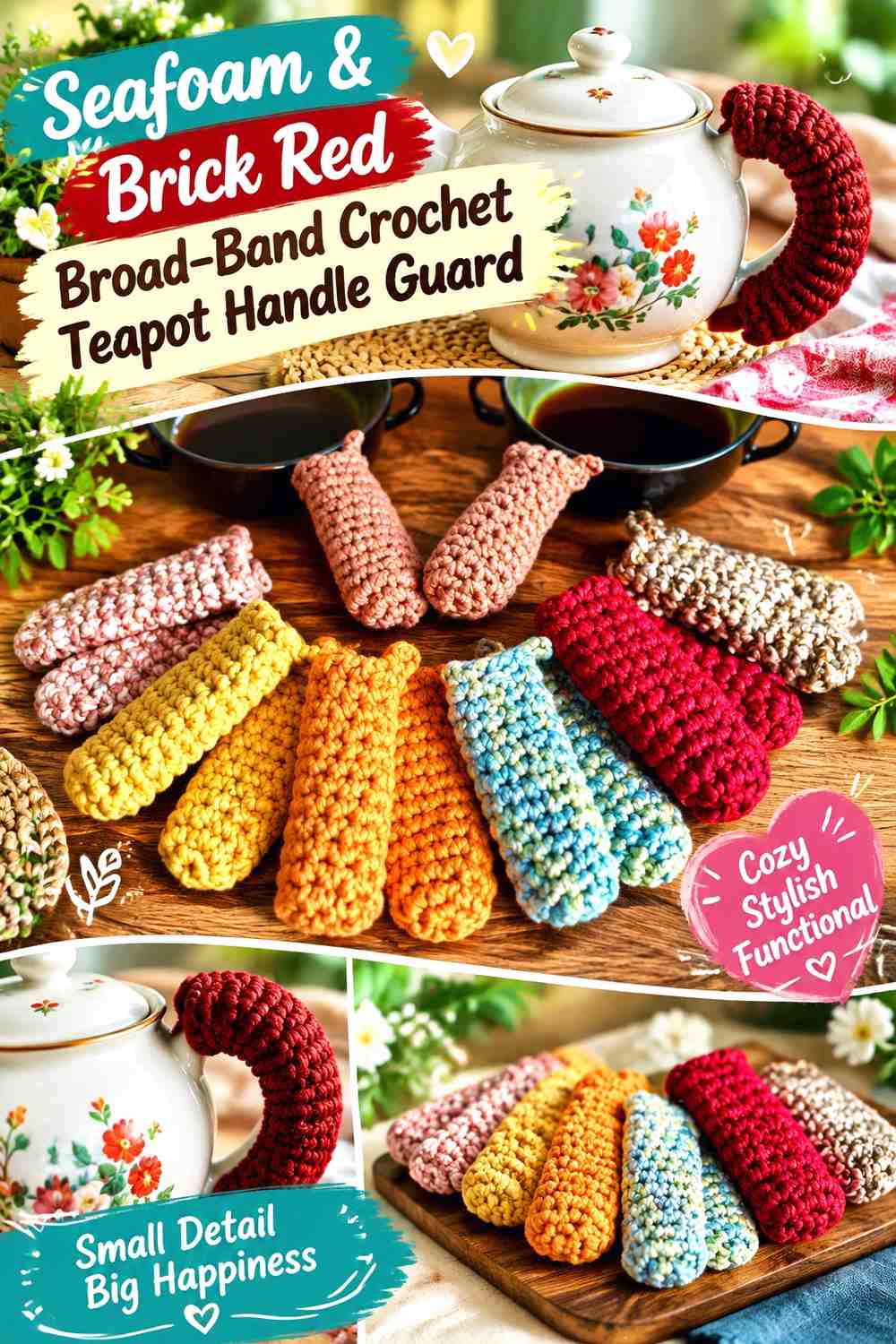 Seafoam & Brick Red Broad Band Crochet Teapot Handle Guard