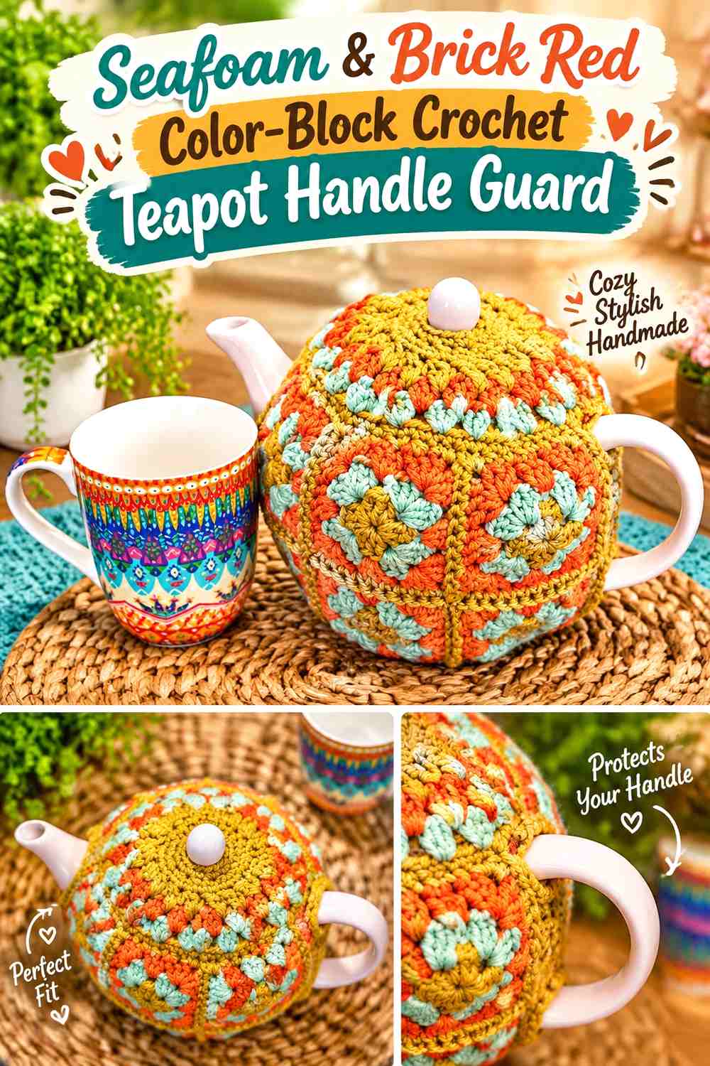 Seafoam & Brick Red Color Block Crochet Teapot Handle Guard