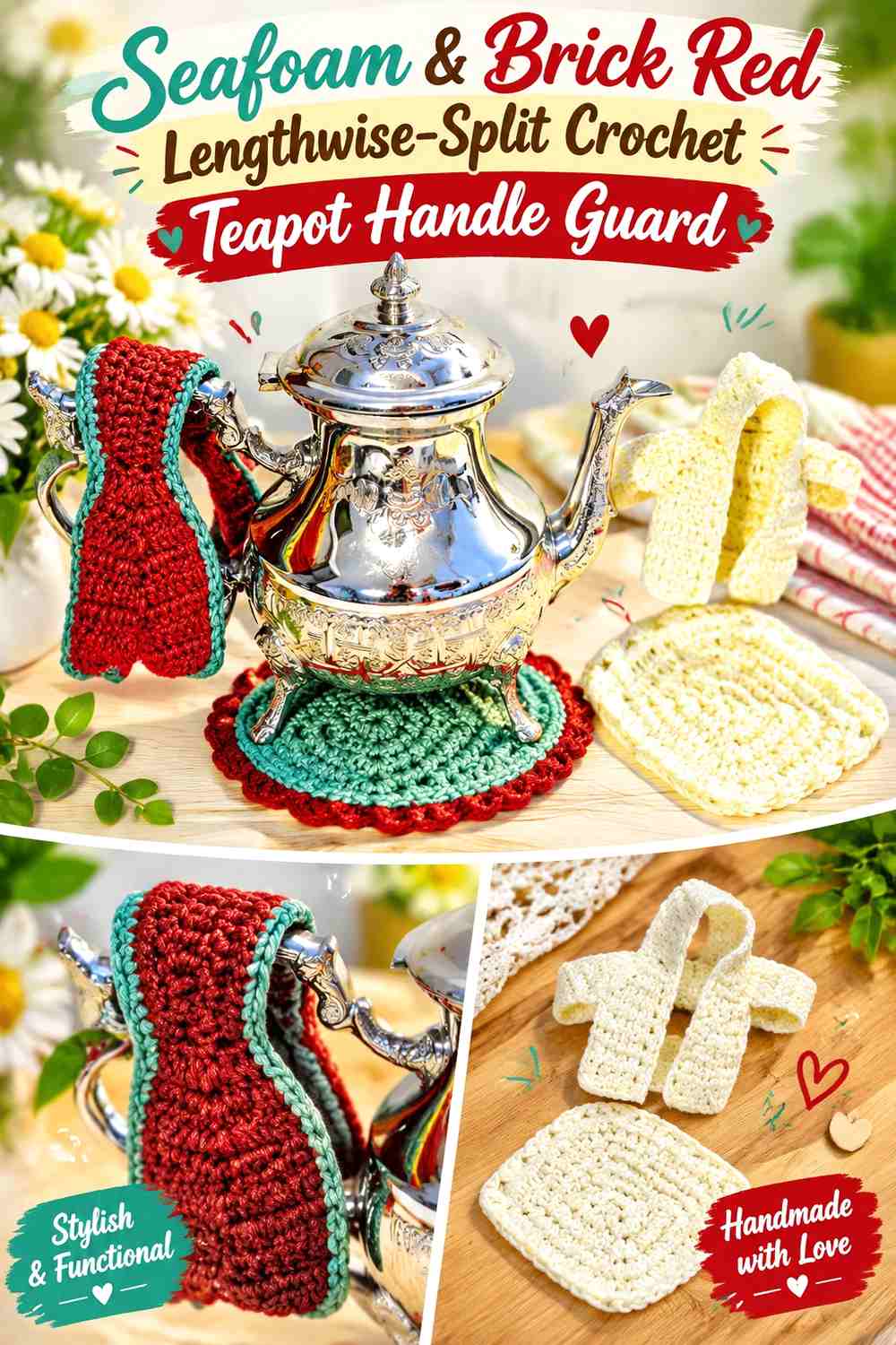 Seafoam & Brick Red Lengthwise Split Crochet Teapot Handle Guard