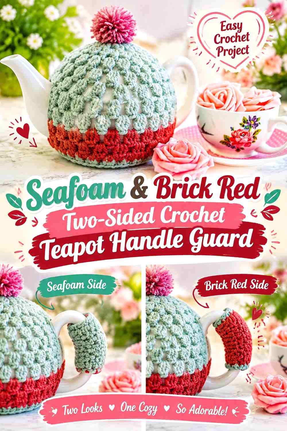 Seafoam & Brick Red Two Sided Crochet Teapot Handle Guard