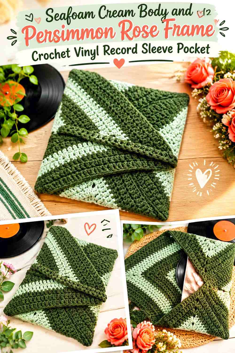 Seafoam Cream Body and Persimmon Rose Frame Crochet Vinyl Record Sleeve Pocket