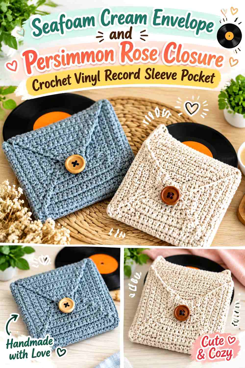 Seafoam Cream Envelope and Persimmon Rose Closure Crochet Vinyl Record Sleeve Pocket