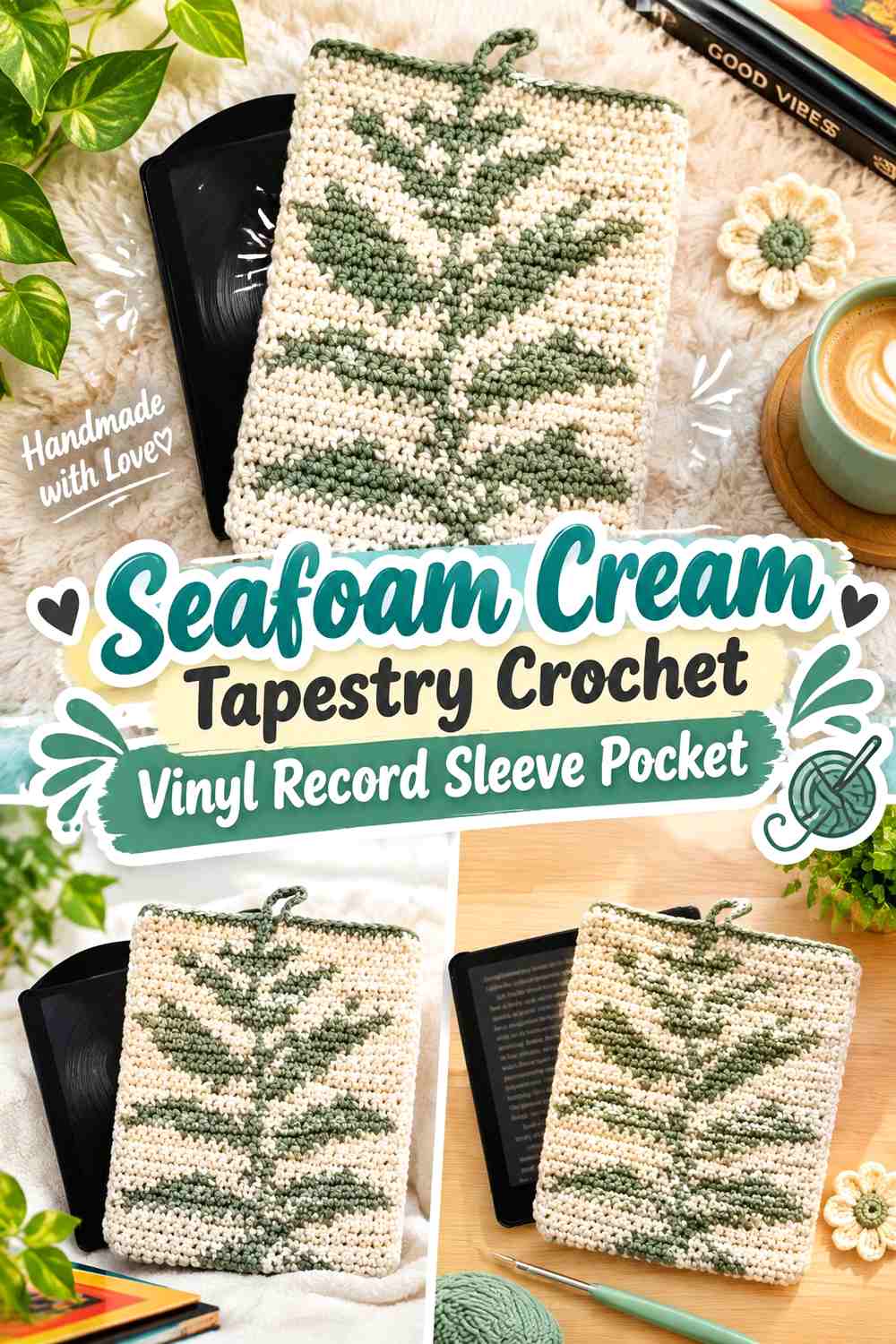 Seafoam Cream Tapestry Crochet Vinyl Record Sleeve Pocket