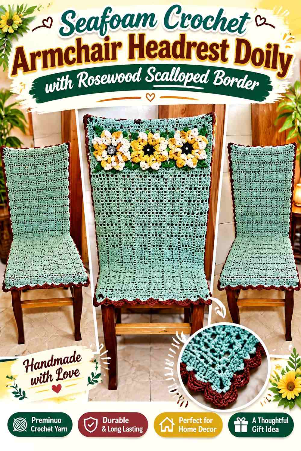 Seafoam Crochet Armchair Headrest Doily with Rosewood Scalloped Border