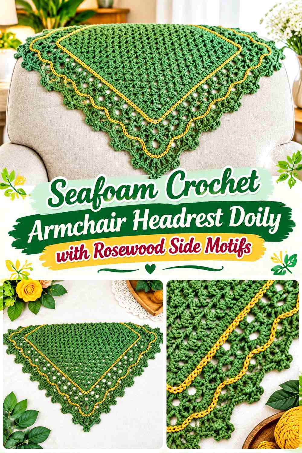 Seafoam Crochet Armchair Headrest Doily with Rosewood Side Motifs