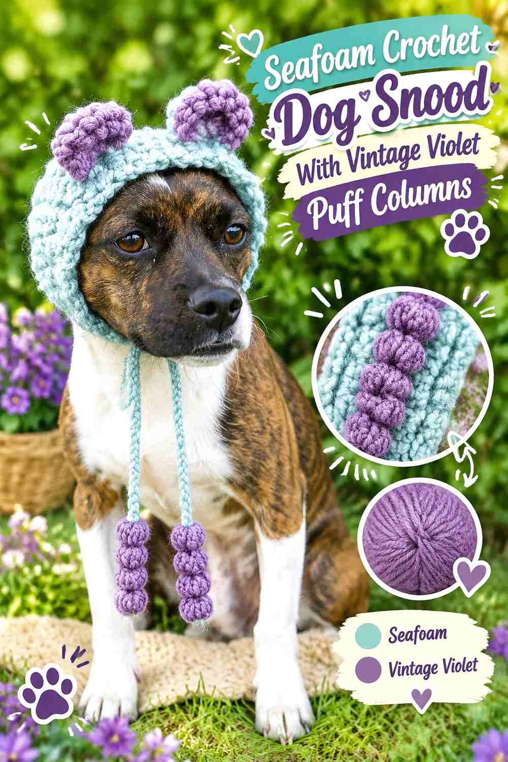 Seafoam Crochet Dog Snood With Vintage Violet Puff Columns