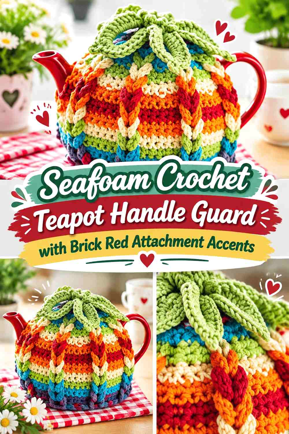 Seafoam Crochet Teapot Handle Guard with Brick Red Attachment Accents