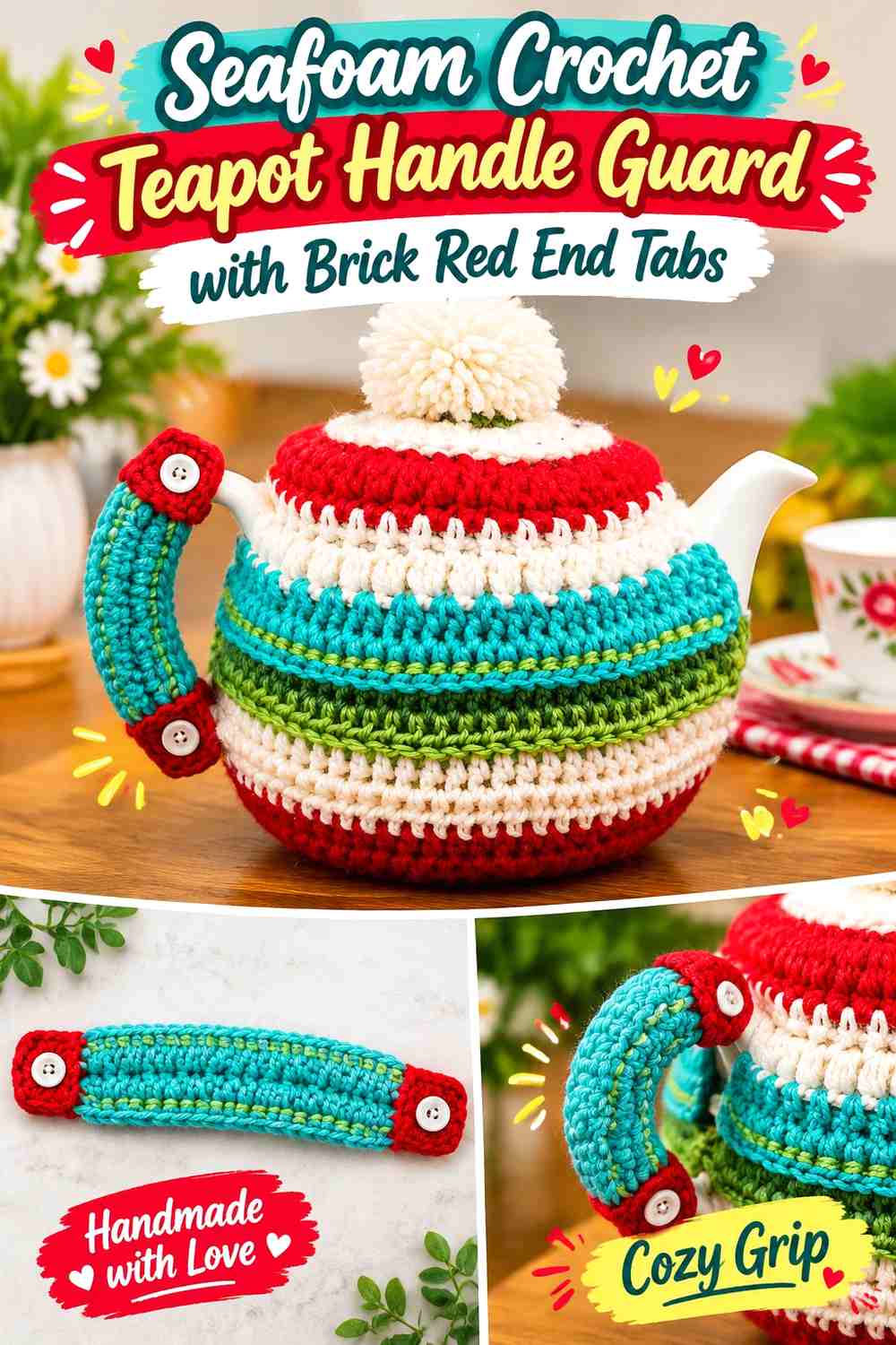Seafoam Crochet Teapot Handle Guard with Brick Red End Tabs