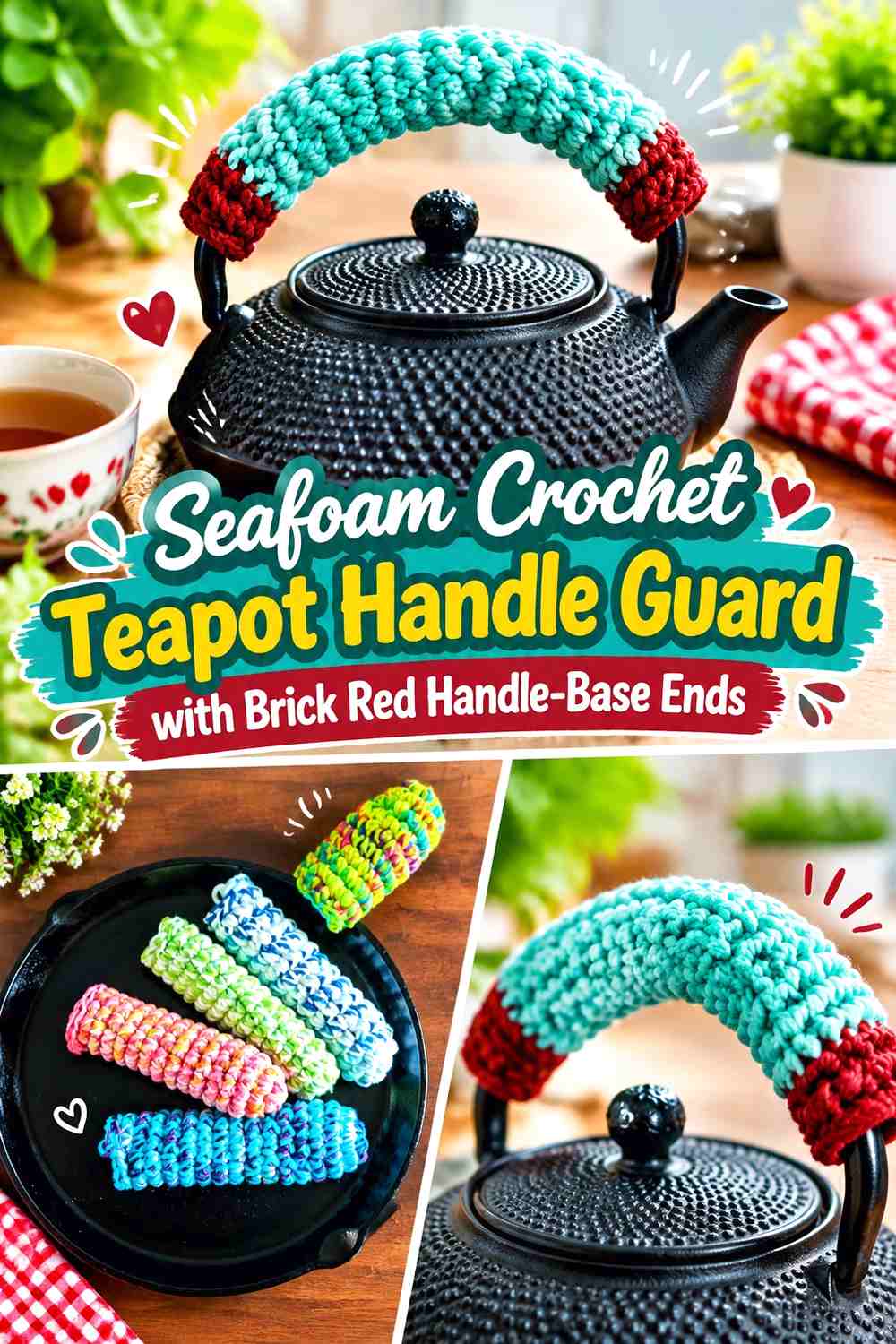 Seafoam Crochet Teapot Handle Guard with Brick Red Handle Base Ends