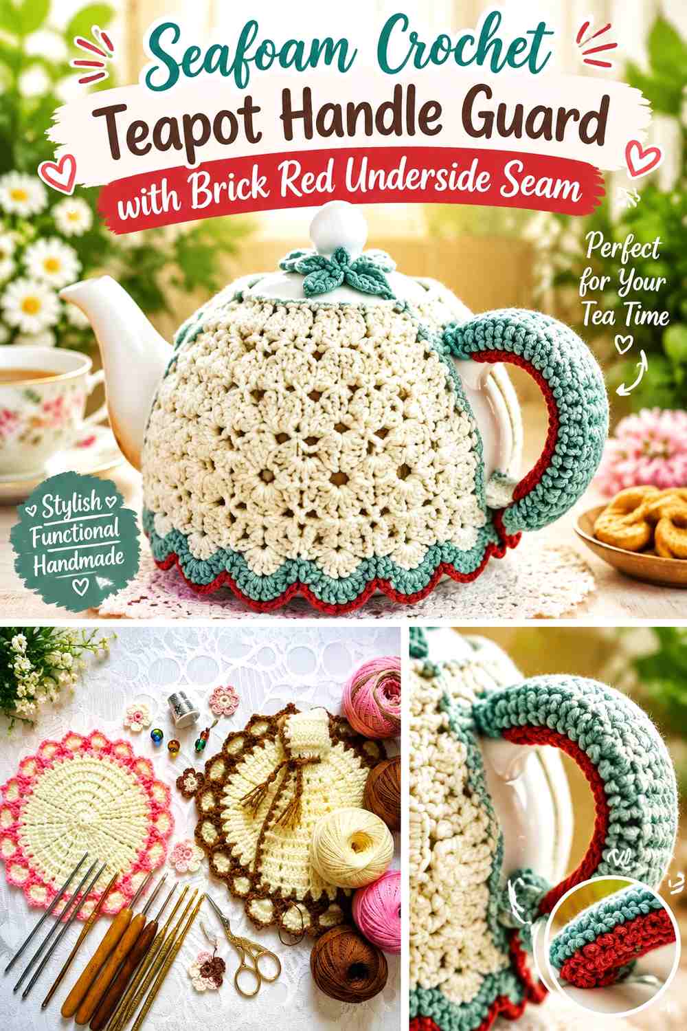 Seafoam Crochet Teapot Handle Guard with Brick Red Underside Seam