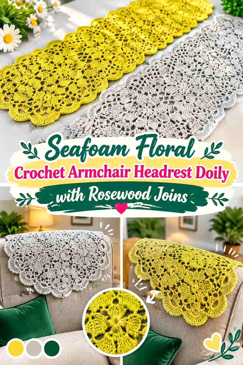 Seafoam Floral Crochet Armchair Headrest Doily with Rosewood Joins