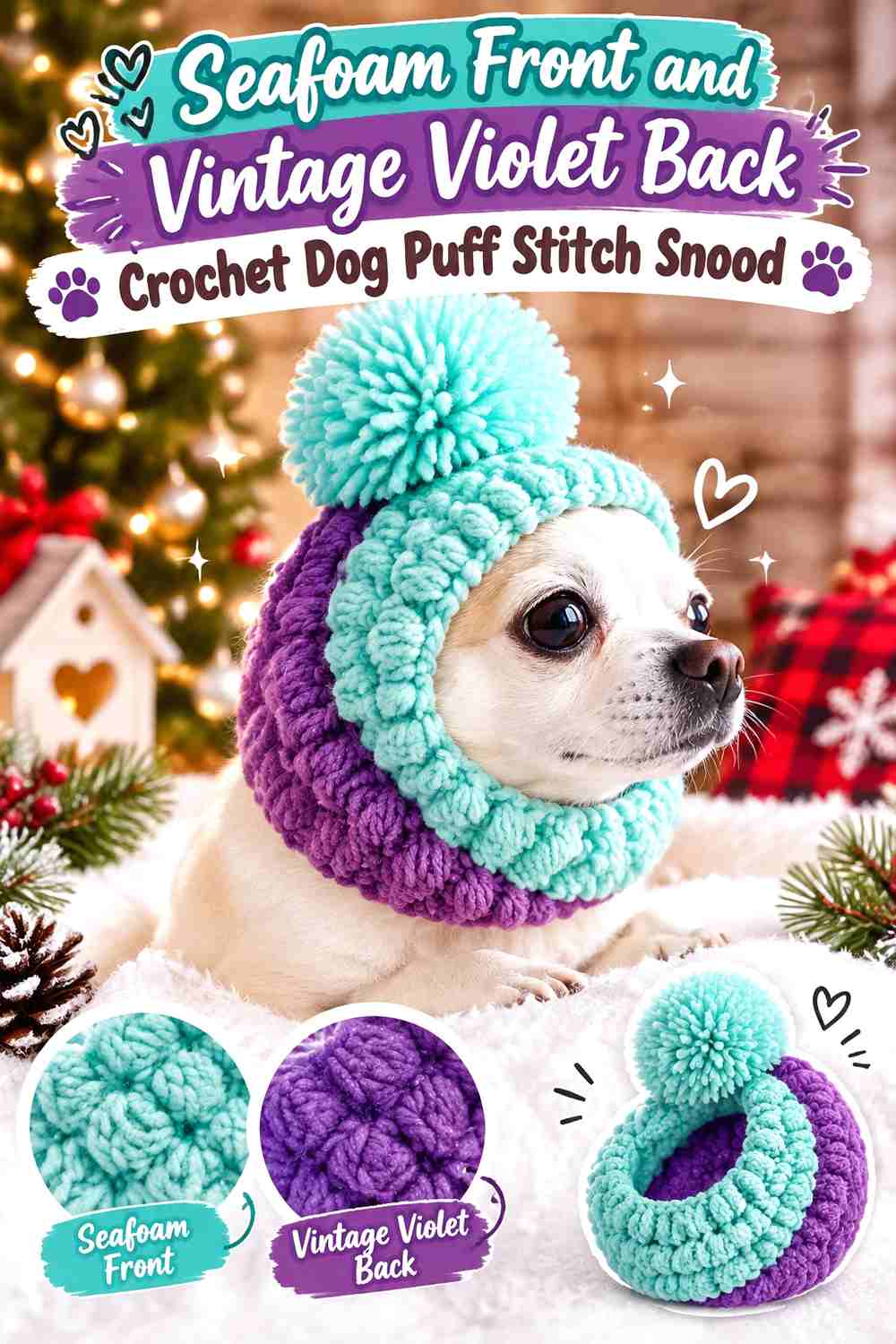 Seafoam Front and Vintage Violet Back Crochet Dog Puff Stitch Snood