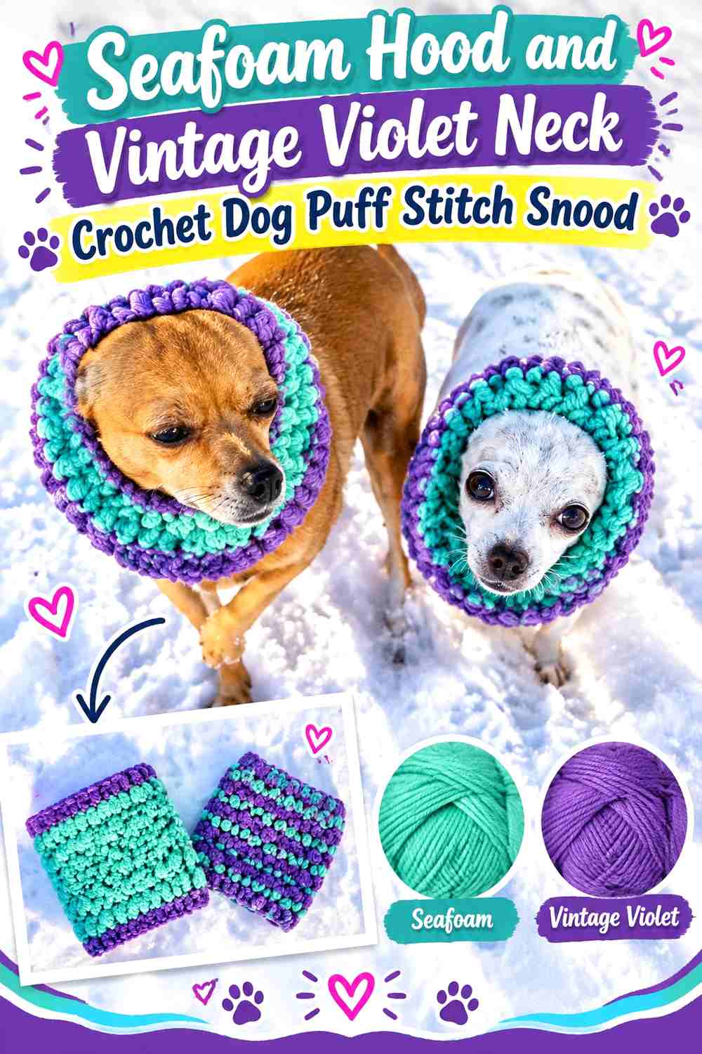 Seafoam Hood and Vintage Violet Neck Crochet Dog Puff Stitch Snood