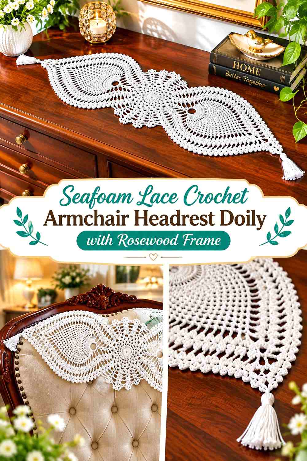 Seafoam Lace Crochet Armchair Headrest Doily with Rosewood Frame
