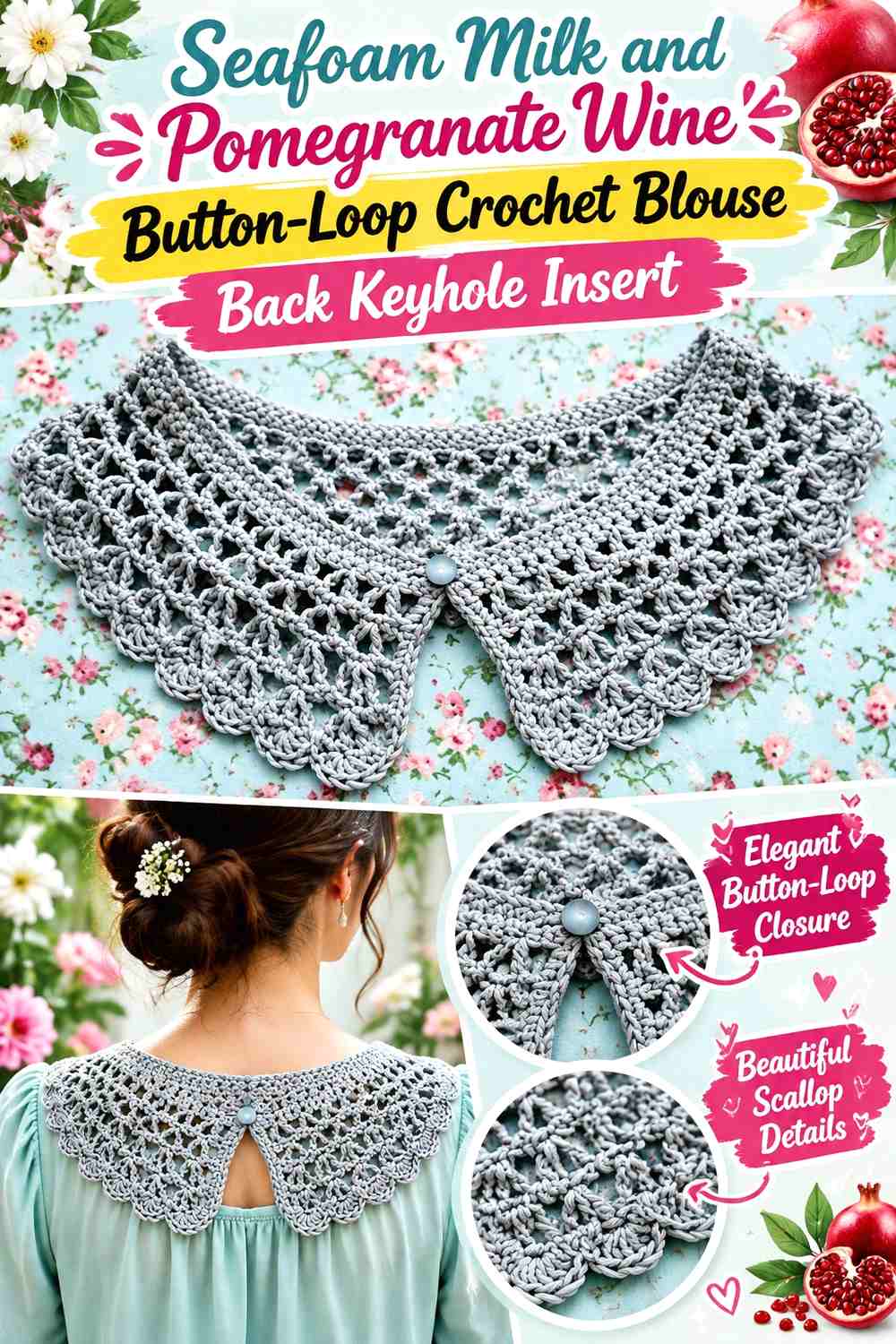 Seafoam Milk and Pomegranate Wine Button-Loop Crochet Blouse Back Keyhole Insert