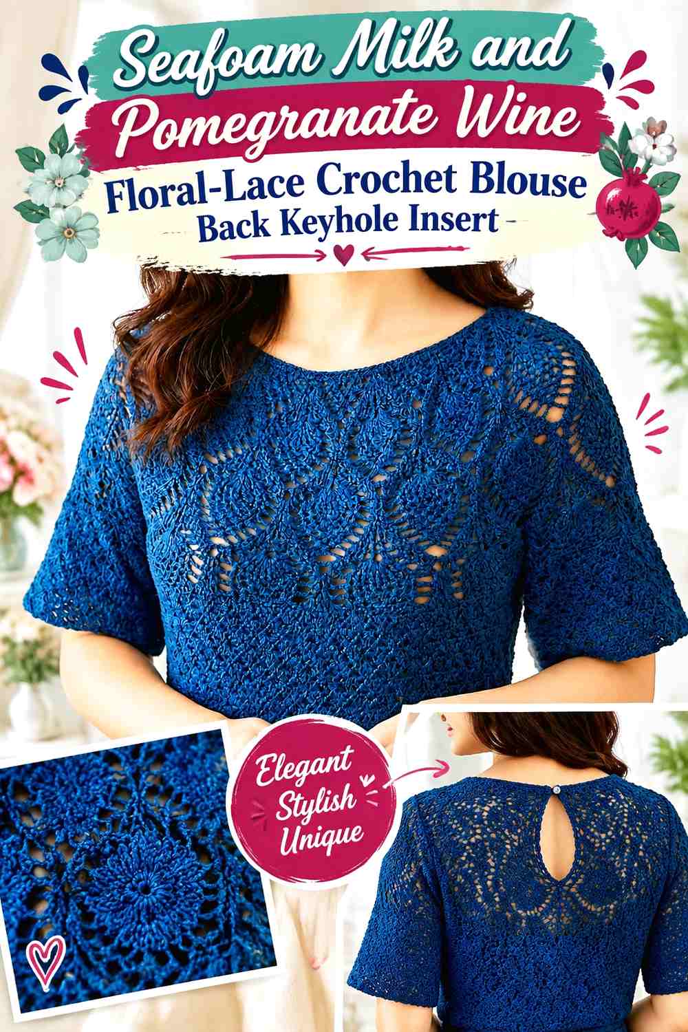 Seafoam Milk and Pomegranate Wine Floral-Lace Crochet Blouse Back Keyhole Insert