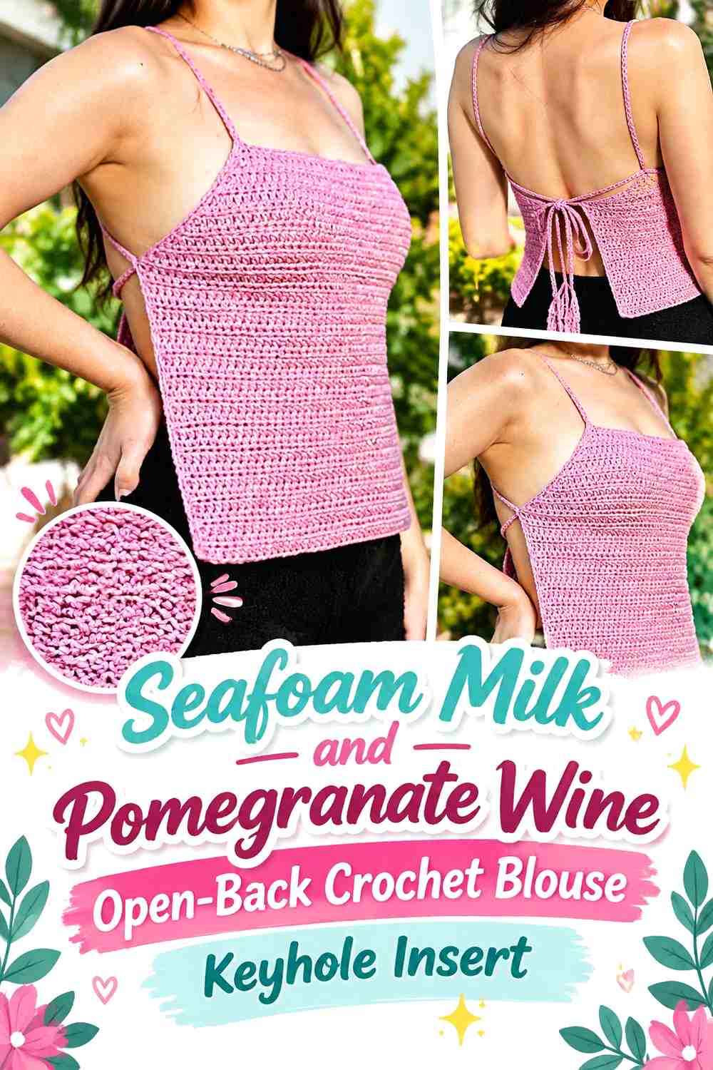 Seafoam Milk and Pomegranate Wine Open-Back Crochet Blouse Keyhole Insert