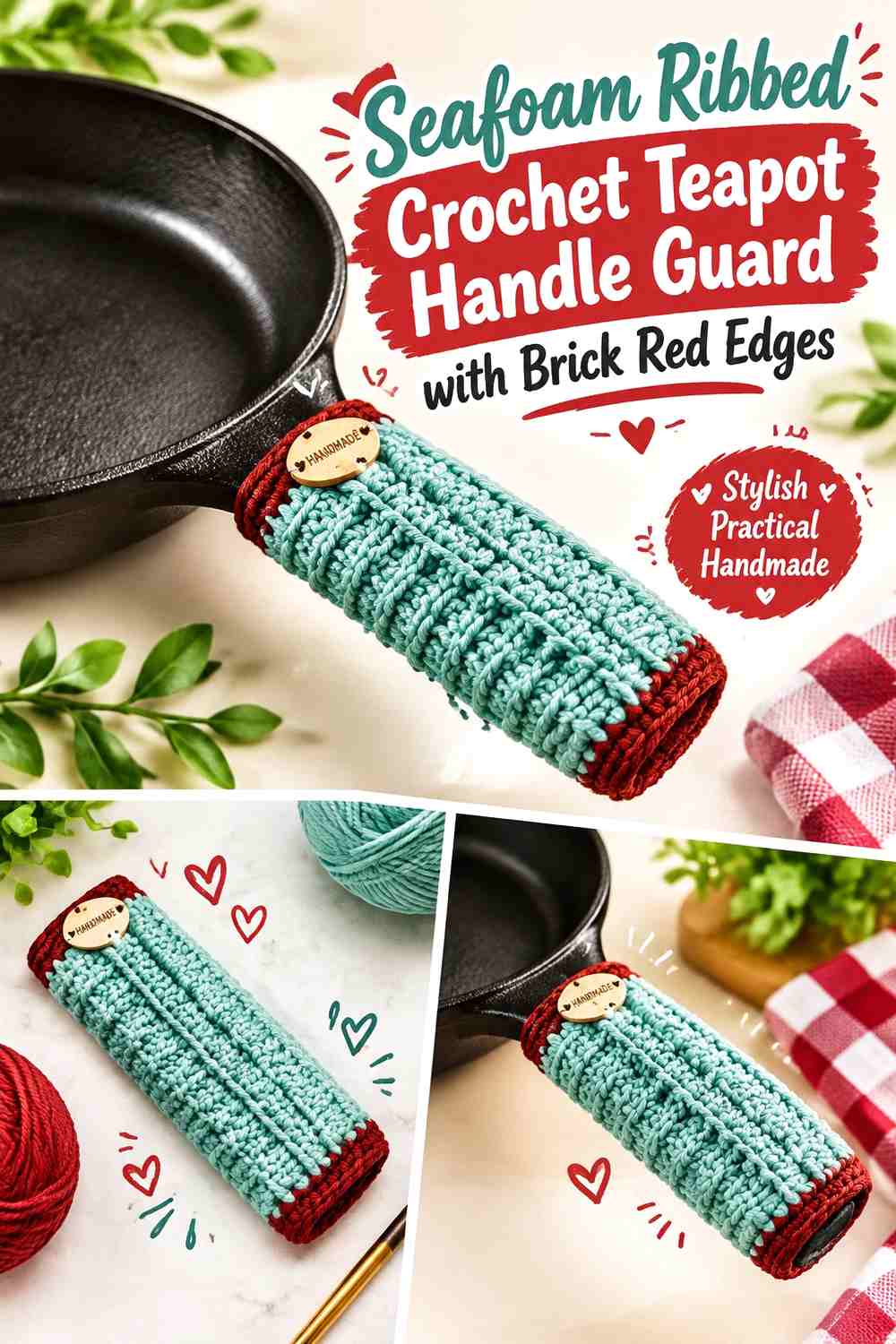 Seafoam Ribbed Crochet Teapot Handle Guard with Brick Red Edges