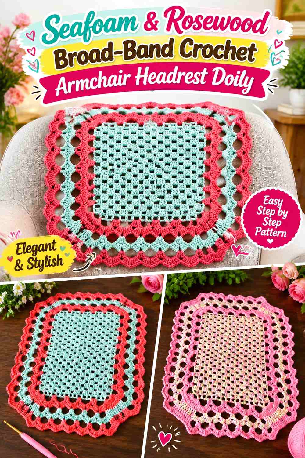 Seafoam & Rosewood Broad Band Crochet Armchair Headrest Doily