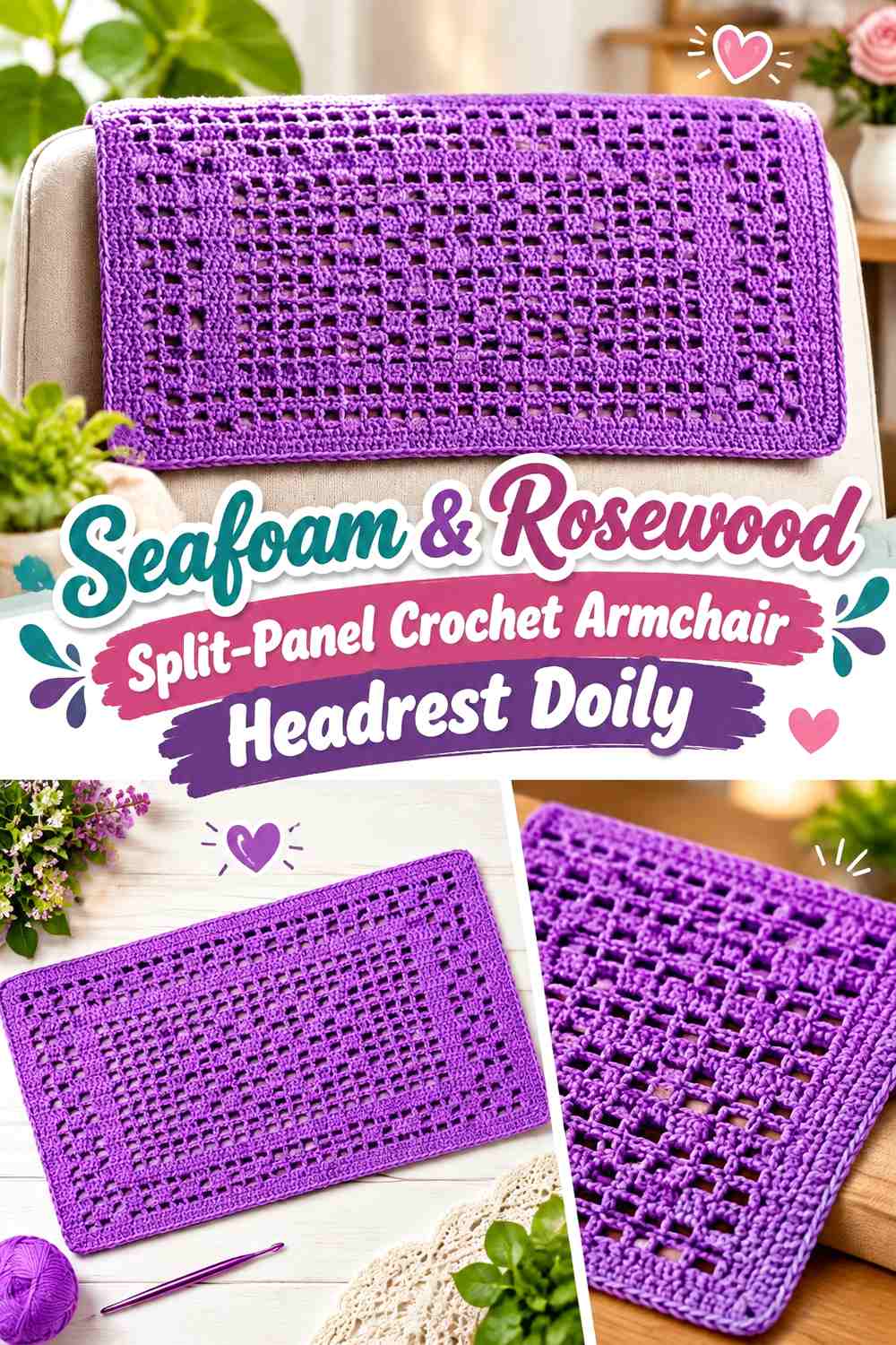 Seafoam & Rosewood Split Panel Crochet Armchair Headrest Doily