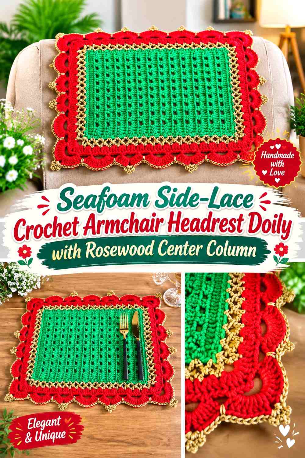 Seafoam Side Lace Crochet Armchair Headrest Doily with Rosewood Center Column