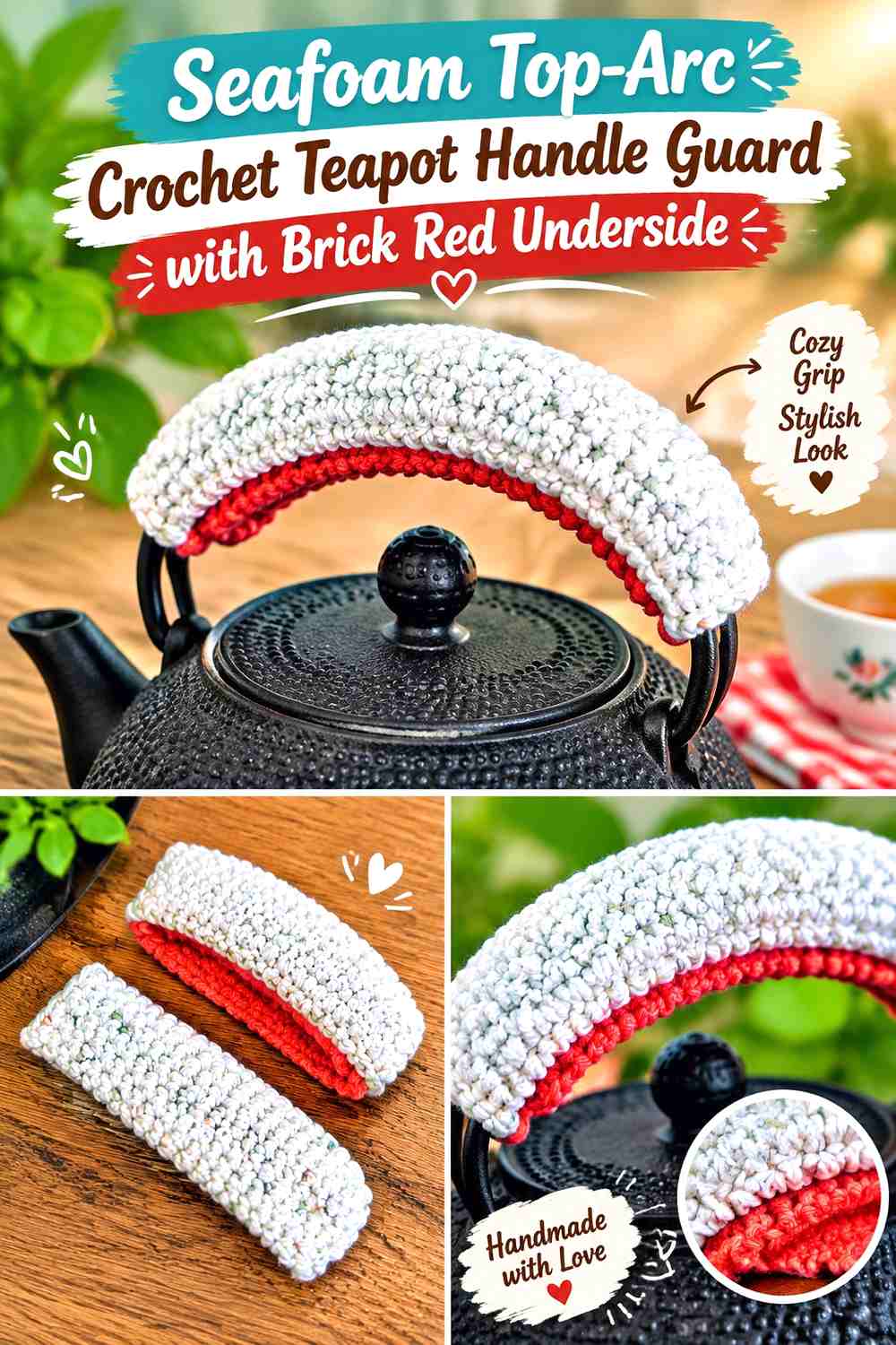 Seafoam Top Arc Crochet Teapot Handle Guard with Brick Red Underside