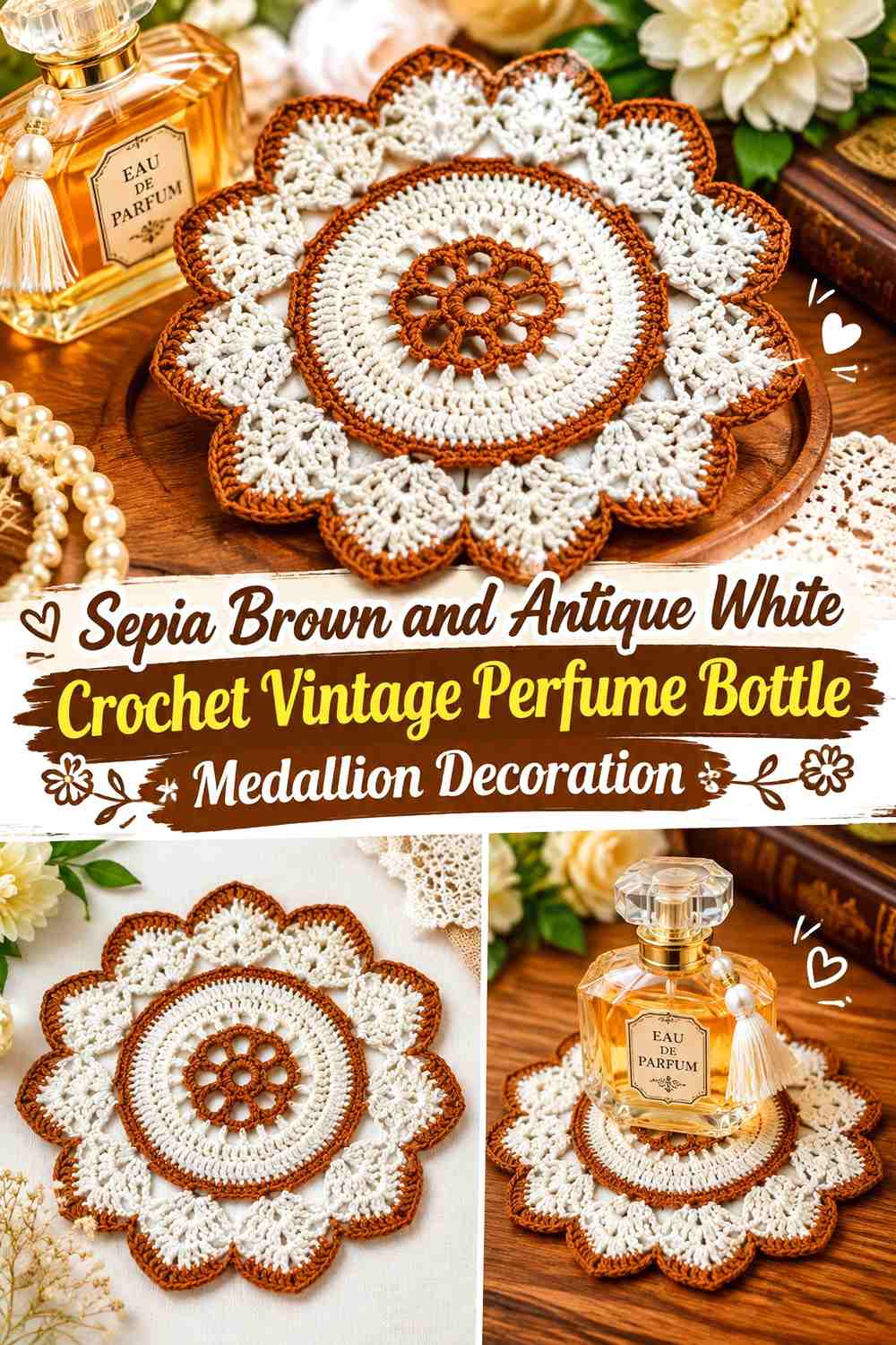 Sepia Brown and Antique White Crochet Vintage Perfume Bottle Medallion Decoration