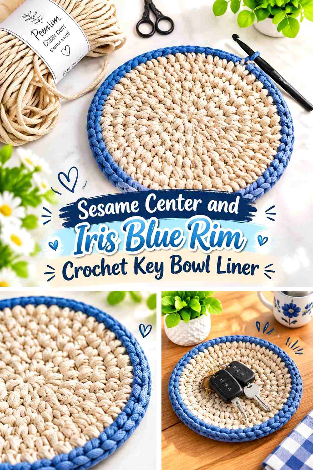 Sesame Center and Iris Blue Rim Crochet Key Bowl Liner