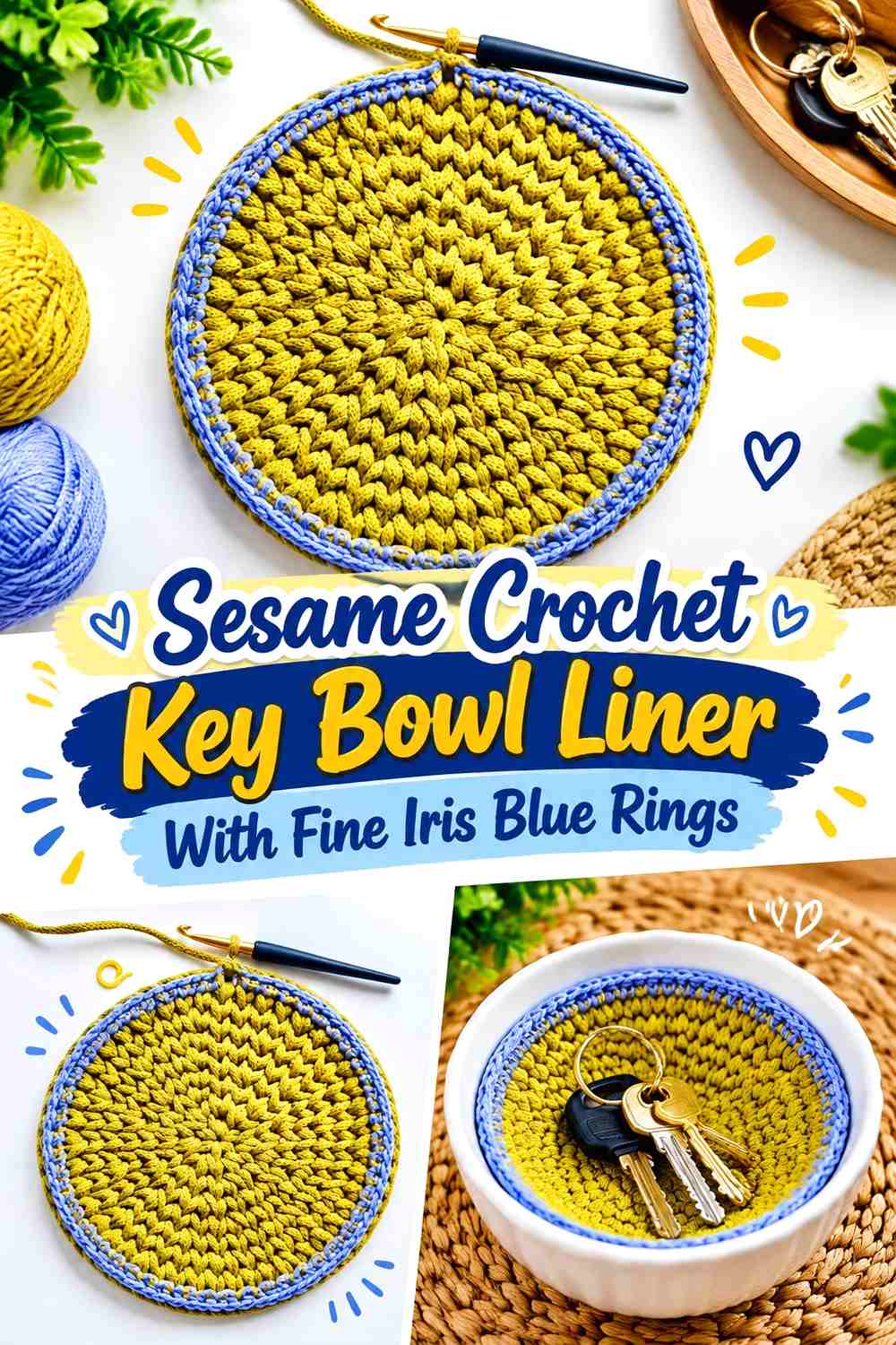 Sesame Crochet Key Bowl Liner With Fine Iris Blue Rings