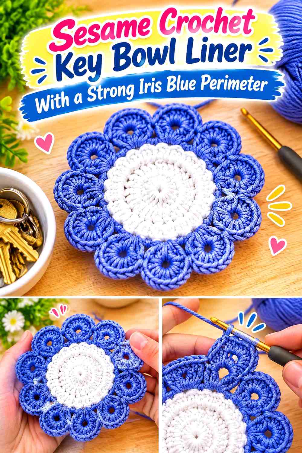 Sesame Crochet Key Bowl Liner With a Strong Iris Blue Perimeter