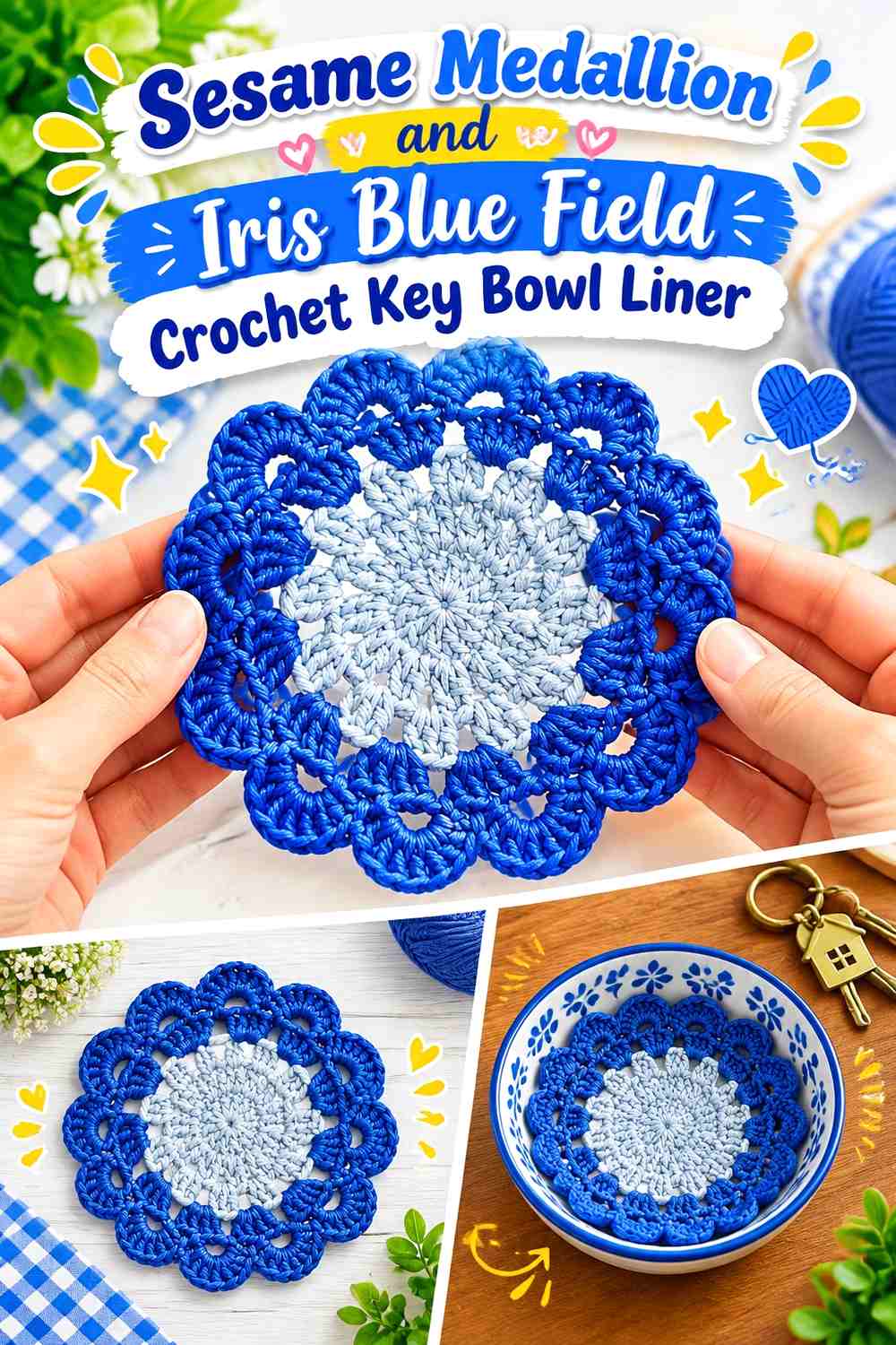 Sesame Medallion and Iris Blue Field Crochet Key Bowl Liner