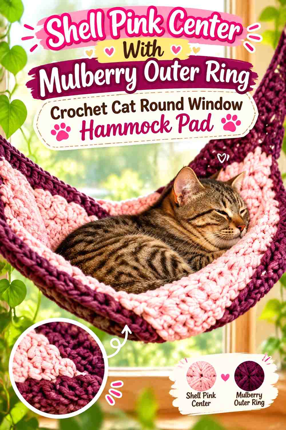Shell Pink Center With Mulberry Outer Ring Crochet Cat Round Window Hammock Pad
