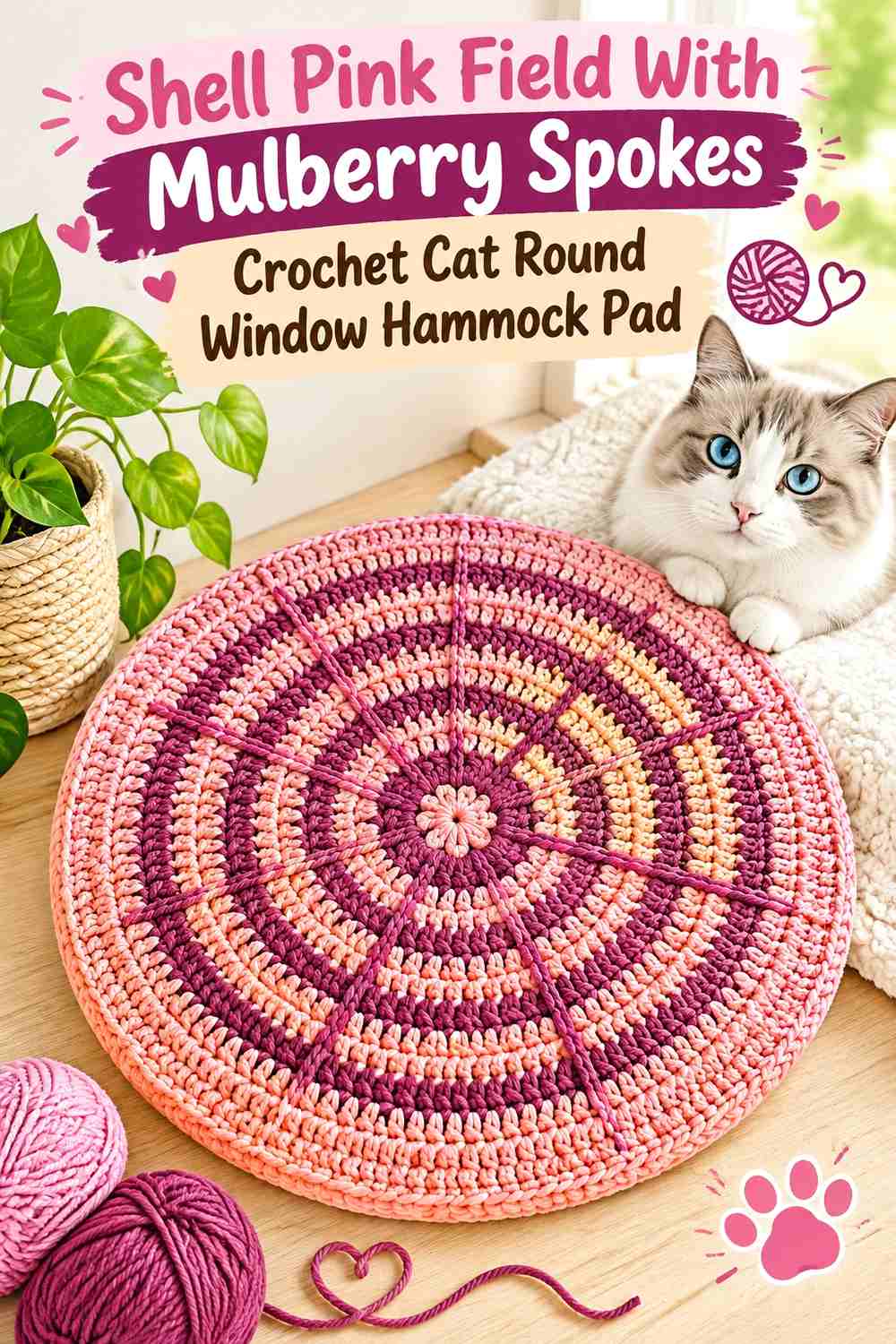 Shell Pink Field With Mulberry Spokes Crochet Cat Round Window Hammock Pad