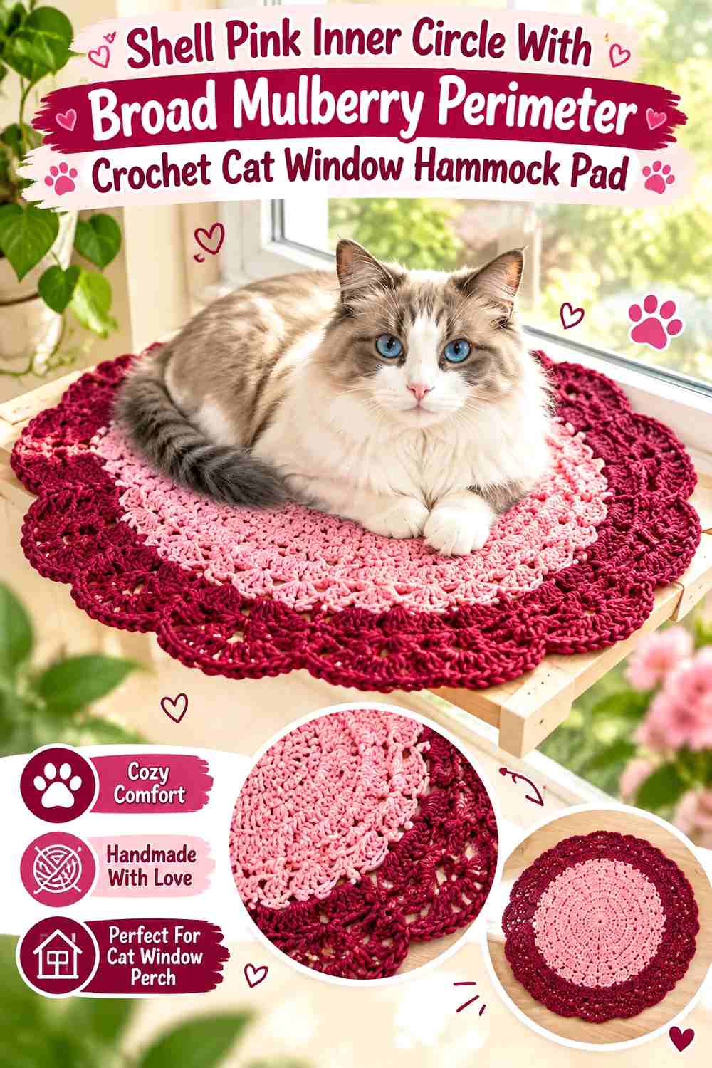 Shell Pink Inner Circle With Broad Mulberry Perimeter Crochet Cat Window Hammock Pad