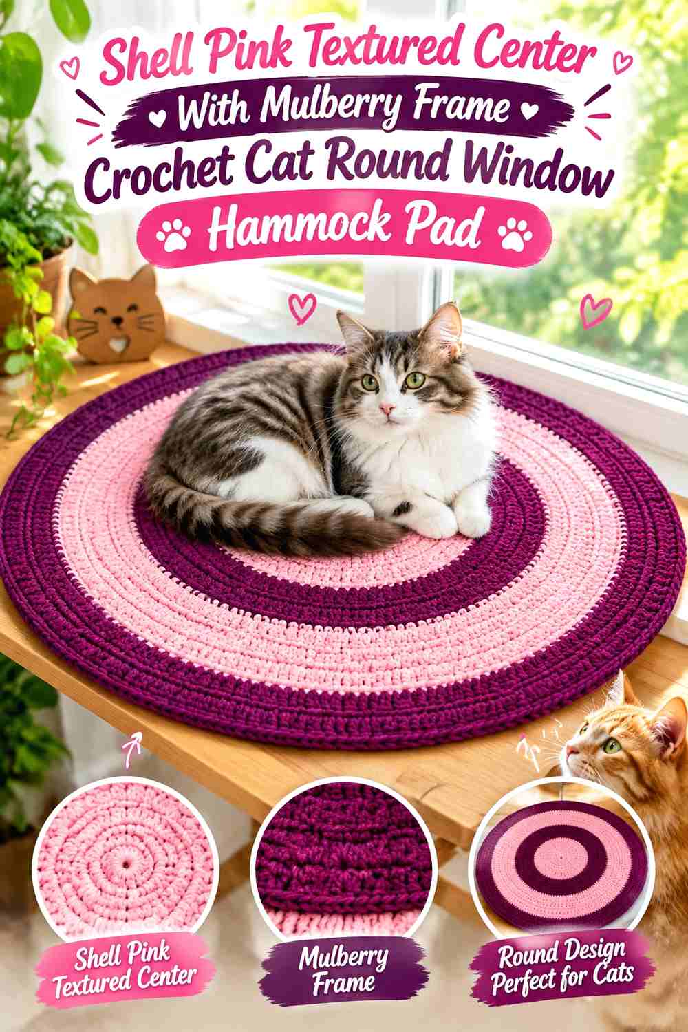 Shell Pink Textured Center With Mulberry Frame Crochet Cat Round Window Hammock Pad